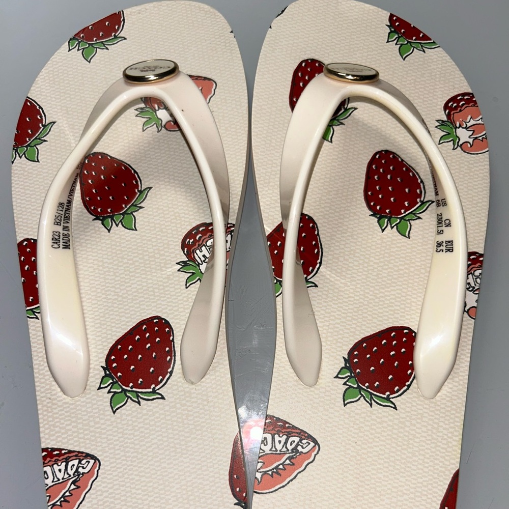 Coach White Strawberry Print Flip Flops
